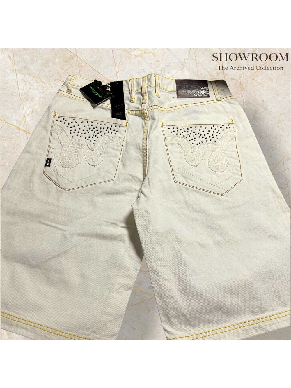 Y2k Akademiks Off White Studded Bling Denim Shorts 34 2000’s Hip Hop Streetwear